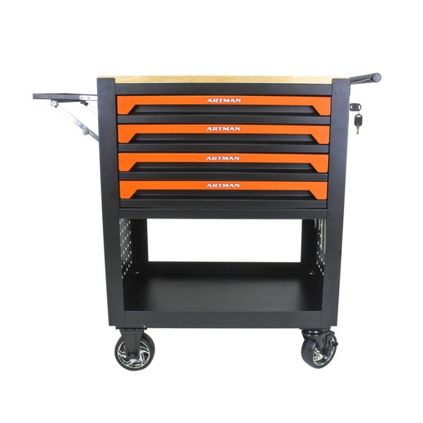 4 DRAWERS MULTIFUNCTIONAL TOOL CART WITH WHEELS AND WOODEN TOP