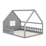 ZNTS Full Size Wood House Bed with Window and Fence, Gray WF304147AAE