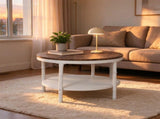 Round 2-Tier Wood Coffee Table, Dark Walnut Finish with Black Wood Grain, White Textured 27271682