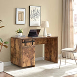 Home Office Desk Distressed Wood One Cabinet Three Shelves Faux Barn Door on Metal Euro Hinges B107P218345