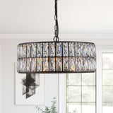 Modern Crystal Drum Chandelier, 6-Light Pendant Lighting Fixture with Black Metal Frame for Living W1340P189445