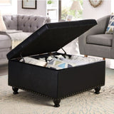 Large square storage ottoman with wooden legs, Upholstered button tufted coffee table with nail W2186142958