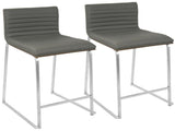 26" Contemporary Counter Stool in Brushed Stainless Steel, Walnut Wood, and Grey Faux Leather - Set B202P222389