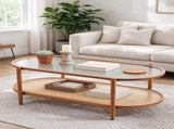 2-Tier Oval Coffee Table, Water Ripple Glass Top, PE Rattan & Iron Frame, 20594720