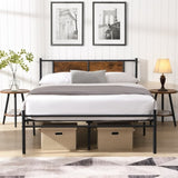 Full Size metal bedframe,Headboard with wood panel decoration,black 27810014