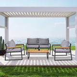 ZNTS 4 Piece Outdoor Patio Lounge Conversation Set, Metal Frame with Acacia Wood Armrest & Tabletop 48002606