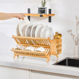 Collapsible 2-Tier Bamboo Dish Drying Rack Foldable Wooden Dish Drainer with Utensil Holder, 68313155