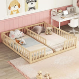 Double Twin Floor Bed with Fence, Guardrails, without door, Natural W504P143287