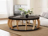 35.43"Vintage Rattan Solid Wood Round Coffee Table, Curved Legs Boho Accent Table for Dining Room, W757P445115