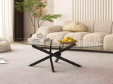 Oval Coffee Table with Tempered Glass Top and Black Metal Legs, Modern Side Table and 40327571