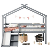 ZNTS Twin Low Loft House Bed with Slide, Ladder, Safety Guardrails, House Roof Frame,Grey 74742872