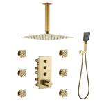 3-Function 12-Inch Ceiling-Mounted Thermostatic Shower System in Brushed Gold with Square Shower T3609P352716