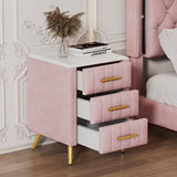 Upholstered Wooden Nightstand with 3 Drawers and Metal Legs&Handles, Bedside Table with Marbling N733P208520H