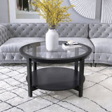 ZNTS Round glass top solid wood storage coffee table, black W848120036