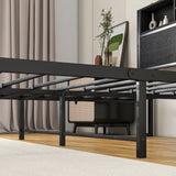 Full Size Bed Frame with Storage Headboard, Metal Platform Bed with Charging Station, Bookcase W840P241043