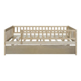 Full Size Wood Daybed with Trundle and Fence Guardrails, Natural WF301863AAN