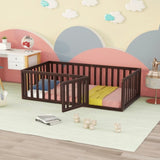 Twin Size Wood Floor Bed Frame with Fence and Door, Walnut WF299299AAL