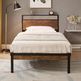 Twin Size Metal Platform Bed Frame with Wooden Headboard and Footboard with USB LINER, No Box Spring W2297P222789