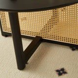 Mid-century wooden coffee table with PE cane stand, 31.5-inch round solid wood Bohemian style coffee W2720P237624