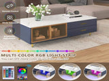 Modern Navy Blue Coffee Table with 2 Glass Door Storage, 4 Drawers, Gold Metal Legs, and Multi-Color N735P167910