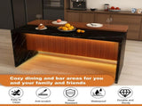 63" Modern Kitchen Island with Marble-Look Surface, LED Lights & Grille Design for Dining Room, W2699P365915