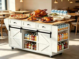 2 Barn Doors with Sliding Rails 3 Drawers 3 Shelves Serving Cart Rubberwood Countertop MDF Cabinet 28967447