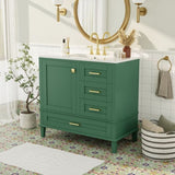 36" Green Bathroom Vanity with Solid Pine Frame, 1 Soft Close Door and 3 Drawers , Modern Storage N729P211167F