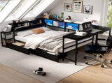 Corner Bed Frame Full Size with Bookcase and 2 Underbed Storage Drawers, Modern Twin Bed with LED W1670P357171