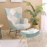 Rocking Chair with ottoman, Mid Century Fabric Rocker Chair with Wood Legs and Patchwork Linen for W561P175990