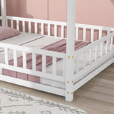 ZNTS Full Size Floor Wooden Bed with House Roof Frame, Fence Guardrails ,White 15002468