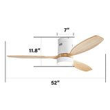 52 Inch Flush Mount Ceiling Fan DC 3 Solid Wood Fan Blade Noiseless Reversible Motor Remote Control W934P146081