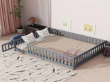 Queen Size Floor Bed with Fence,Door,Rubber Wood Floor Bed with Safety Guardrails,Grey W504P286386