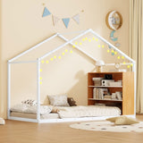 Twin Size Metal Bed House Bed Frame with Shelves and Lights, White N737P176708K