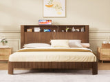 Queen-size slatted bed frame with storage, built-in charging ports, wave-shaped design, and metal W1162P440051