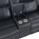 ZNTS Modern Blue Dual Reclining Loveseat with Center Console, Breathable Faux Leather Upholstery, USB B011P228163