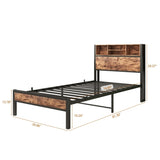 Twin Size Bed Frame with Storage Headboard, Metal Platform Bed with Charging Station, Bookcase W840P192226