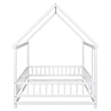 ZNTS Full Size Floor Wooden Bed with House Roof Frame, Fence Guardrails ,White 15002468