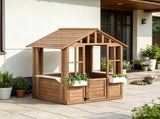Kids Wooden Outdoor Playhouse, Garden Cottage with Flower Pot Holder & Working 08972095