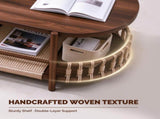 37.8" Oval Coffee Table with 2-Tier Rope Woven Storage Shelf, Melamine MDF Tabletop & Metal Frame, 01080088
