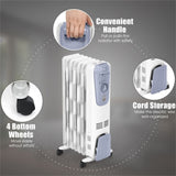 Portable Oil Heater with Thermostat - 10"x13.5"x25" Size, 4 Wheels & Cord Storage, 3 Heating Levels 73478385