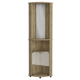 Chicago 75" H Mirrored Corner Bar Cabinet, With Glass Doors, Two Shelves and Stemware Macadamia B070P214553
