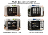 Minimalist Black Buffet Cabinet with Double Glass Doors and Drawer, Modern Wooden Storage Sideboard W2557P307942