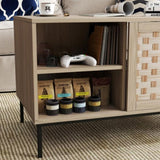 Elegant Veener Weaving Design Coffee Table with 4 Sliding Door, Wooden Center Rectangular Table with W2557P206923