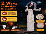5.7ft Spooky Ghost Bride Animatronic with Withered Rose & Tattered Veil, Life Size Halloween Decor 74836217