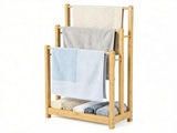 Solid Bamboo Freestanding Towel Rack with 3 Staggered Hanging Bars & Slatted Bottom Storage Shelf, 85528828