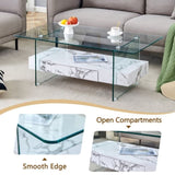 43.3 Inch Modern Two-Tier Coffee Table - Clear Tempered Glass and White Marble Texture, W1151P232633