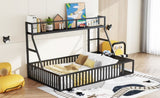 Full Size Floor Bed Frame with Safety Fence, Metal Floor Bed with Desk and Storage Shelves, W1580P240070