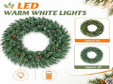 36" Snow-Tipped Pinecone Wreath, 200 PVC Tips, 70 Warm White LEDs with 8 Modes, Battery Box 34216235