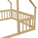 ZNTS Full Wood House-Shaped Floor Bed with Fence, Guardrails,Natural W504P143295