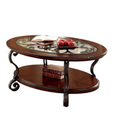 ZNTS Traditional Style Brown Cherry 1pc COFFEE TABLE Open Bottom Shelf Ornate Design Glass Top Living B011P203063